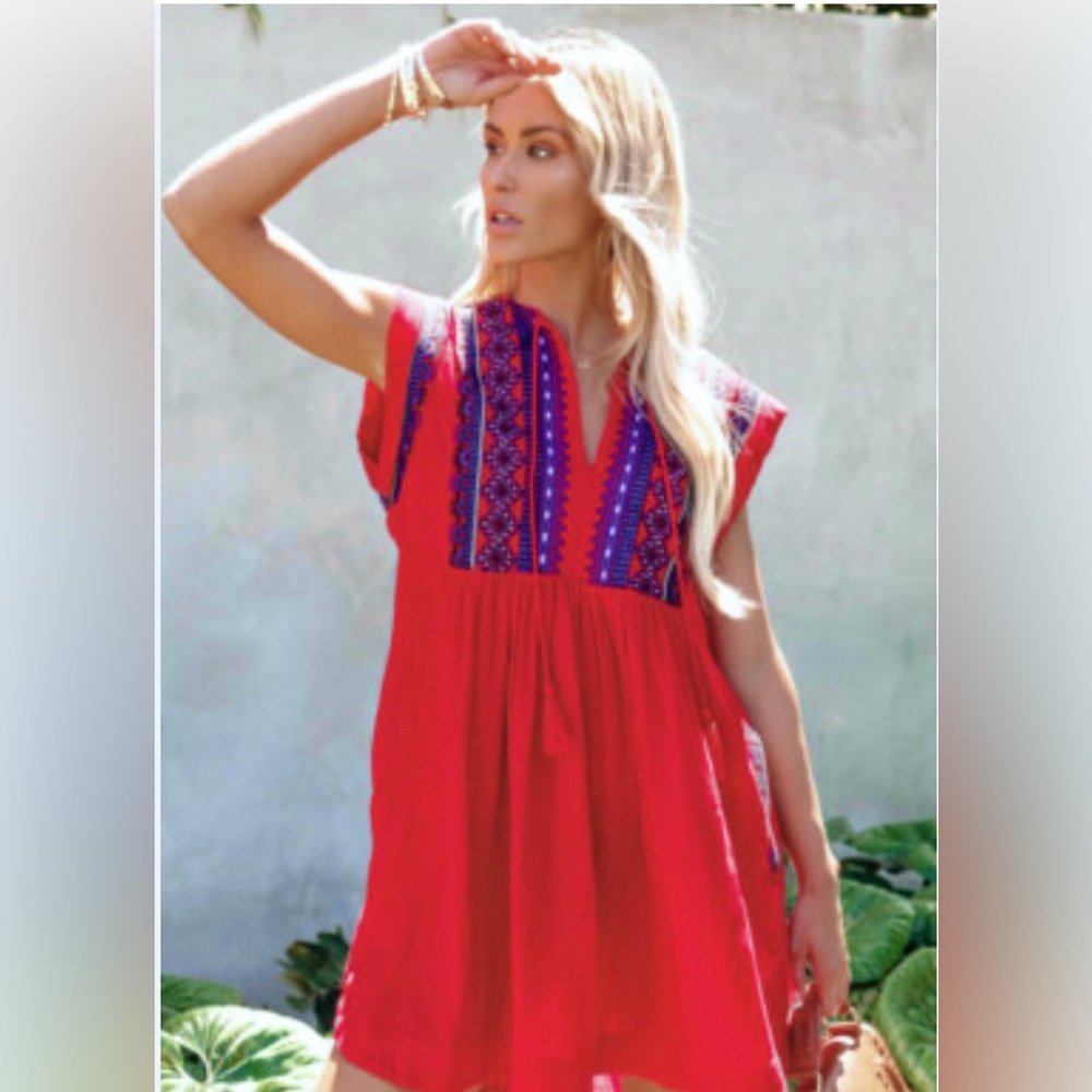 Free People Vibrant Red Woven Embroidered Boho Dress or Cover Up